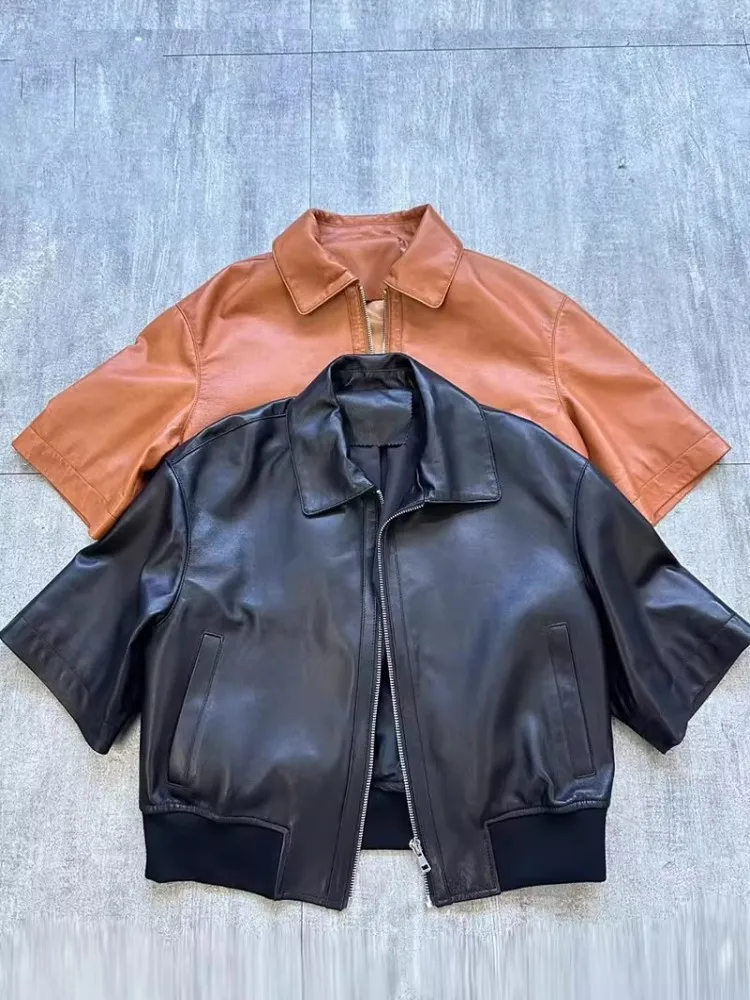 Women Genuine Leather Jacket Half Sleeve Spring Autumn Casual Outerwear Patchwork High Waist Zipper Lapel Sheepskin Short Coat