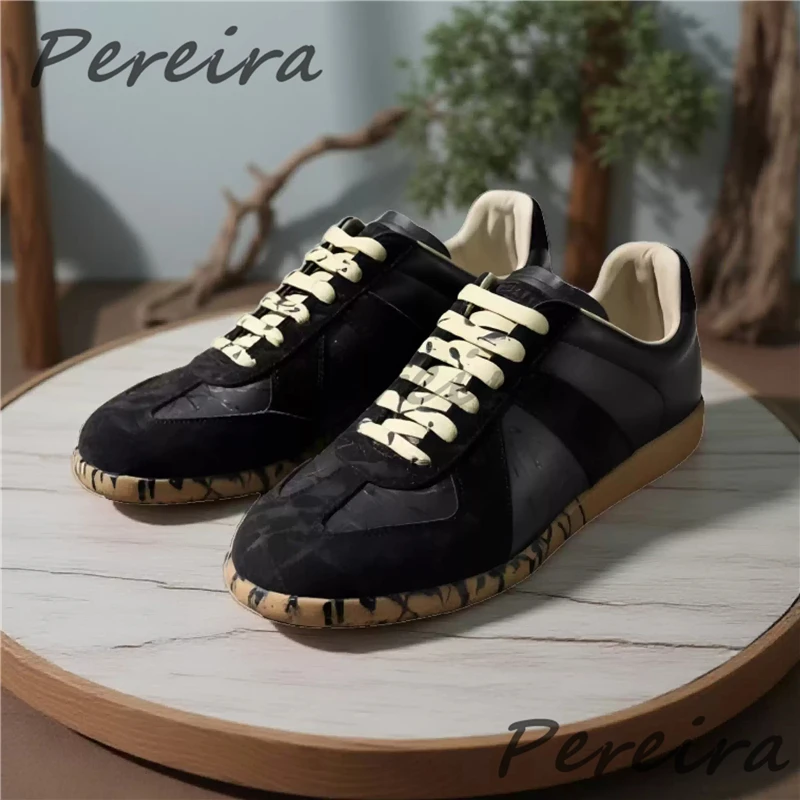 

Trendy Graffiti Suede Patchwork Training Shoes Black Cowhide Round Toe Thick Soled Sneakers Summer Outdoor Couple Casual Shoes