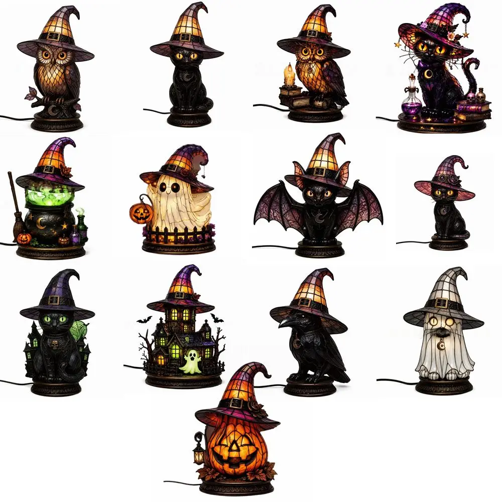 Home Ornaments Cat Bird Halloween Lamp Gothic Acrylic Desktop Lights Colorful Home Decoration Witch Hat Lamp Office Dorm view 5