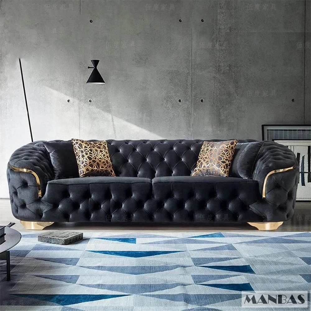 MANBAS Klasyczna sofa segmentowa Chesterfield z przyciskami materiałowymi i modułową kanapą z tkaniny do siedzenia w salonie Meble domowe