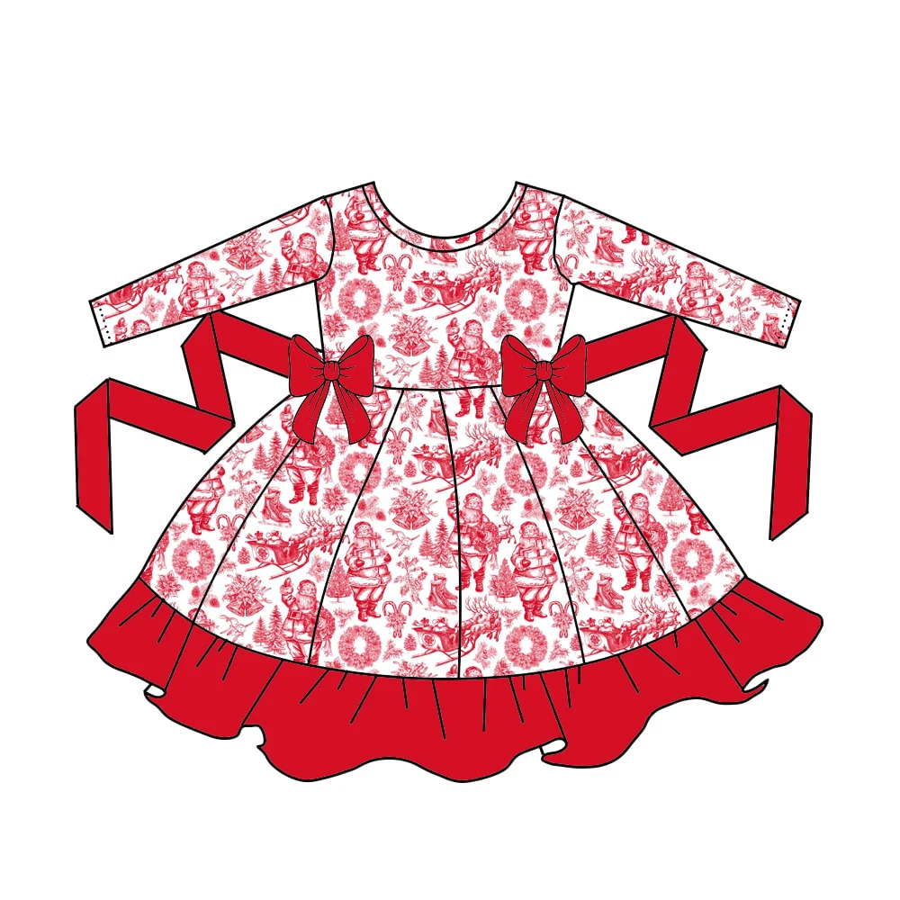 New Boutique Kids Dress Ruffles Ribbon Bow decoration Long-Sleeve Dress Christmas Collection Print Wholesale