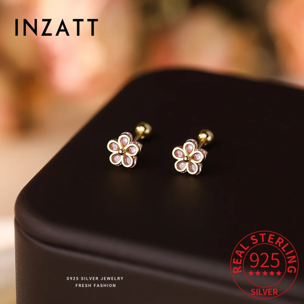 

INZATT настоящее серебро 925 пробы циркон цветок бусины винтовые серьги-гвоздики для женщин милые изящные ювелирные изделия легкие роскошные аксессуары