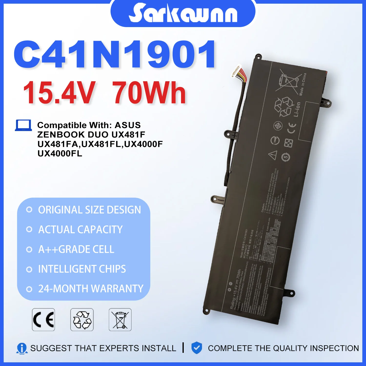 SARKAWNN C41N1901 15.4V 70Wh  Brand New Battery For Asus ZenBook Duo UX481F Series ZenBook Duo UX481FA Series