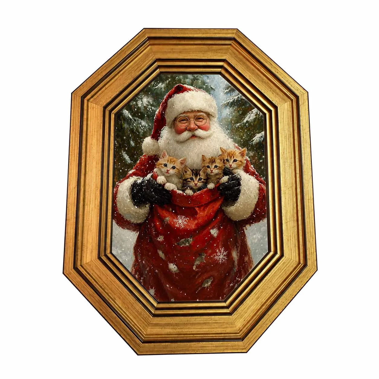 Vintage Octagon Gold Frame Santa Cat Art, Dual Use Desktop Hanging Cute Winter Christmas Farmhouse Decor Sign