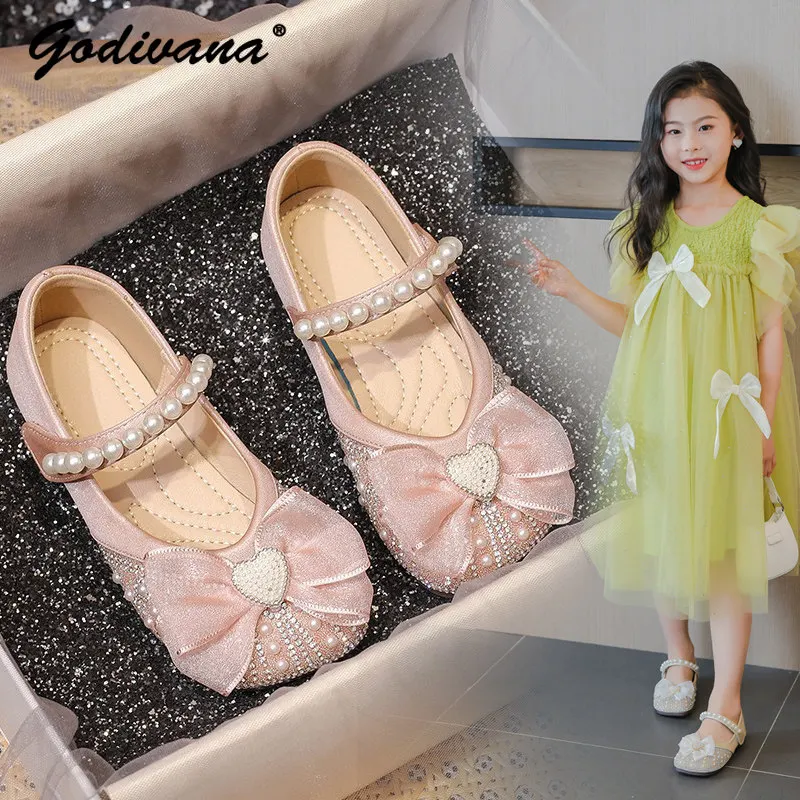 

Girls princess dress shoes spring and summer 2026 new fashion kids crystal pearls soft sole bow-tie flats leather shoes