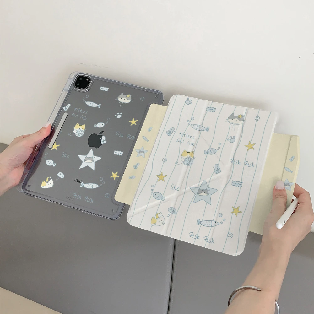 Ins Cute Cat & Fish Tablet Case For iPad Pro 11 12.9 13 M2 M4 M3 M5 Shell 8.3 9.7 10.2 5/6/7/8/9/10/11th Air 1 2 3 4 5 6 7 Cover