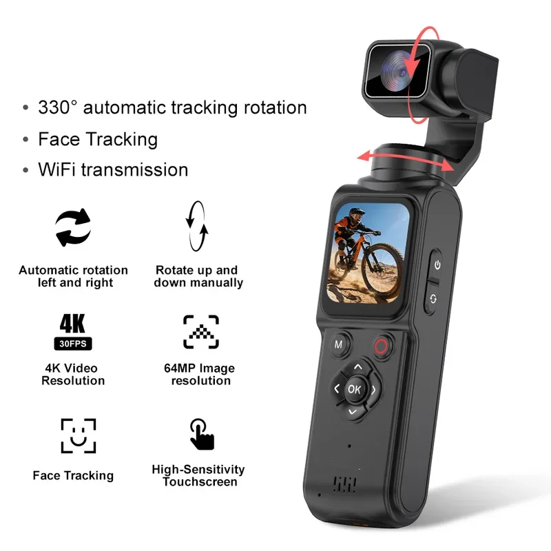 4K Vlog Action Camera 330° Face Tracking 18x Zoom 2400mAh Battery Gimbal Stabilizer 1.72 Inch Touch Screen WiFi Sports Cam