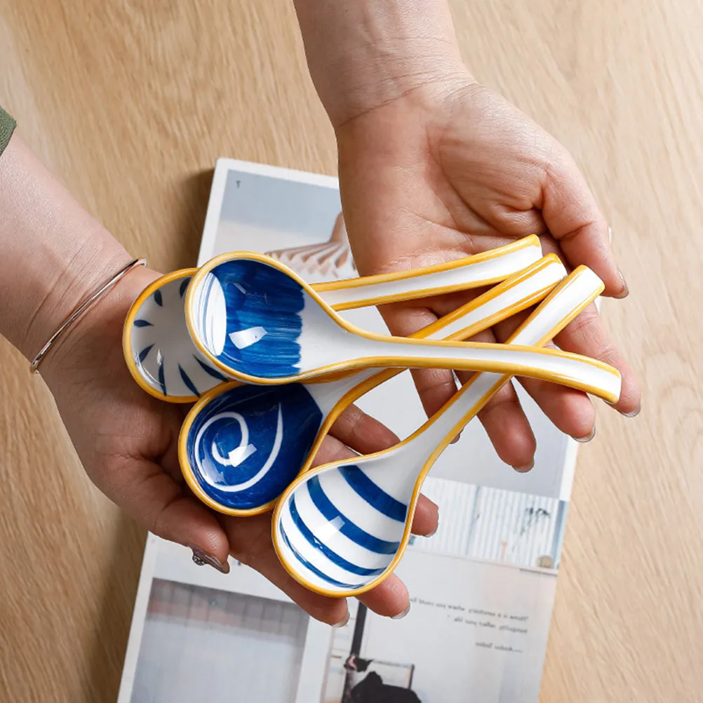 

4Pcs Soup Spoons Ceramic Porcelain Japanese Style Spoons Dumpling Chinese Food Tableware Ceramic Spoon Porcelain Spoon