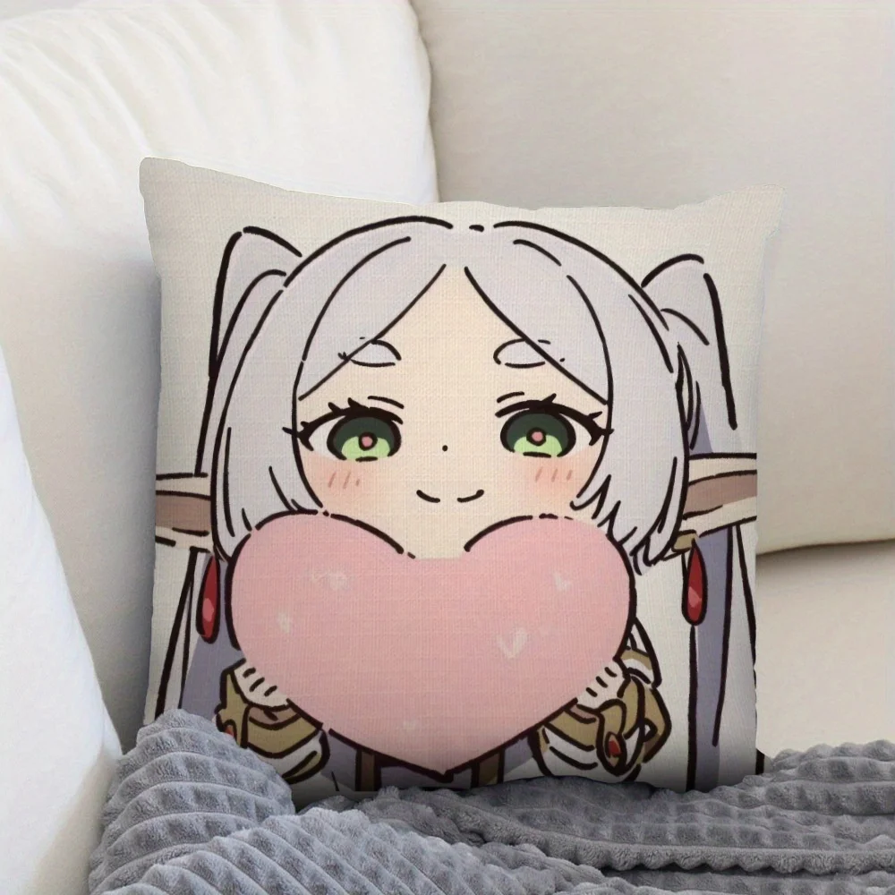 1pc Frieren Anime Throw Pillow Cover, 2D Double-Sided Print Soft Polyester Cushion Case for Home Sofa Bedroom Car Decor