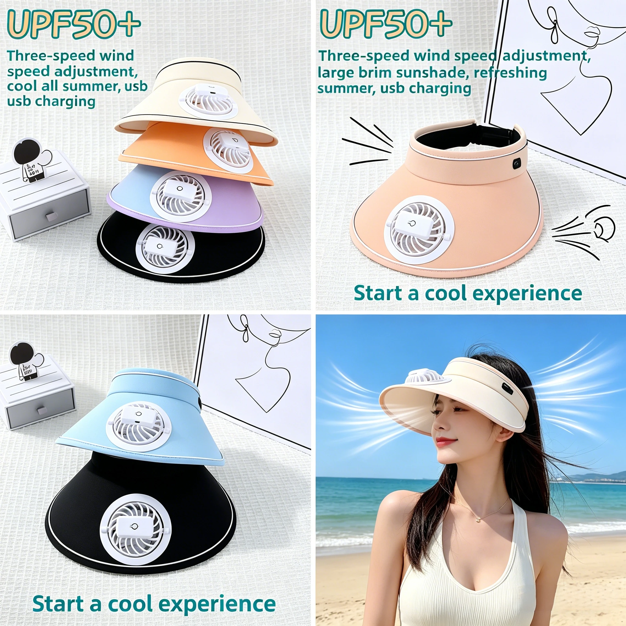 Fashion Outdoor Sun Protection Hat Summer Large Brim USB Charging Fan Sun Visor for Men and Women