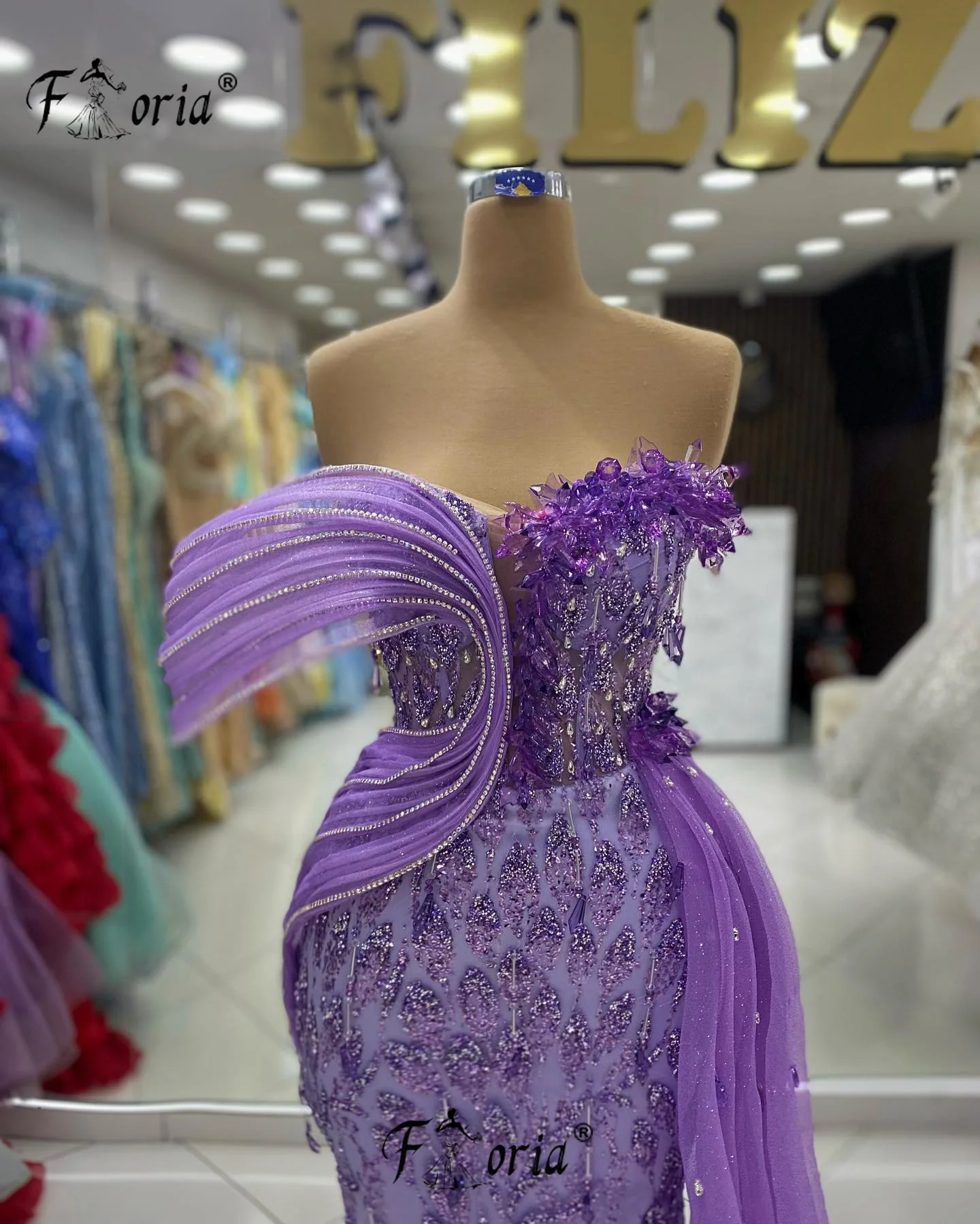 Luxury Purple Rhinestone Crystal Evening Dress with Side Train One Shoulder Mermaid Prom Dresses Strapless Fashion Formal Gowns