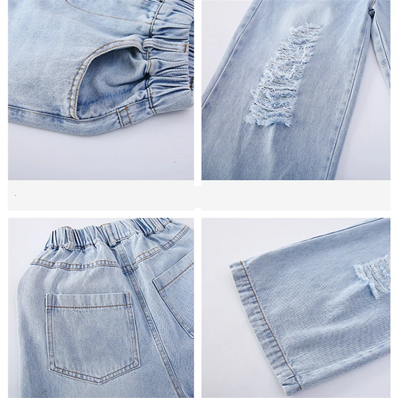 Spring Child Wide Ripped Jeans With Hole For Girls Elegant Fashion Street Denim Pants Teenage Kids Destroyed Jeans Trousers