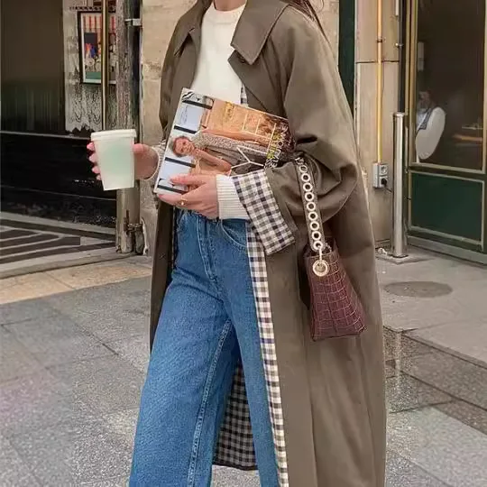 Cross-Border European American British-Style Retro Lapel Plaid Lined Loose Long Trench Coat For Women, Spring And Autumn Thin