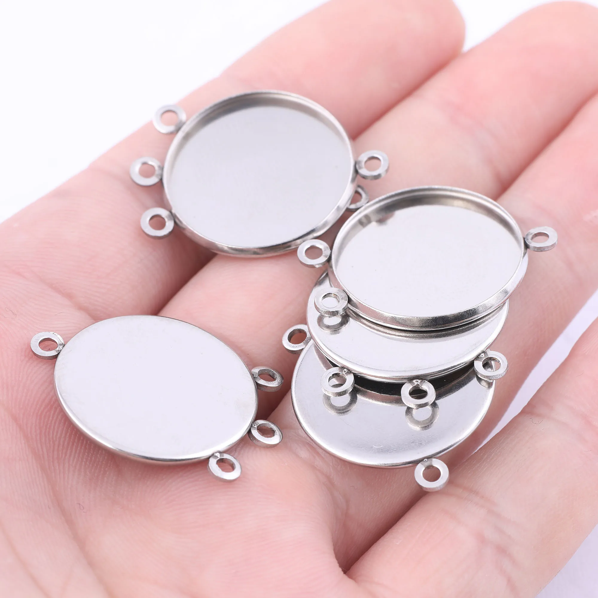 20pcs Stainless Steel Fit 20mm Cabochon Connector Base Setting Trays With Three Loop Diy Earring Charm Bezel Blanks