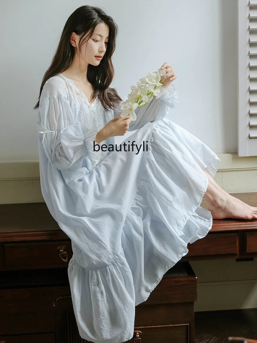 Sweet Cute Princess Style Nightdress Women's Cotton Spring and Autumn Court French Pure Cotton Pajamas New Homewear Long Dress