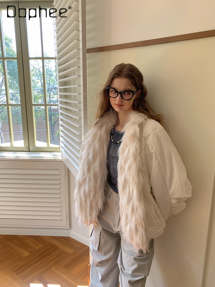 Corea Ins Street blanco ecológico piel sintética Patchwork invierno nuevas chaquetas de algodón grueso para mujeres Chaqueta corta de piel de gama alta