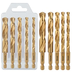 5PCS/Set 5/6/8/10/12mm HSS M2 Metric Titanium Coated Straight Shank Twist Drill Bit 100mm With 6.35mm Hex Shank For Wood Metal