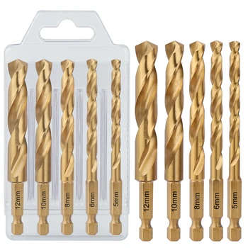 5 ชิ้น/เซ็ต 5/6/8/10/12 มม.HSS M2 เมตริกไทเทเนียมเคลือบตรง Shank Twist เจาะบิต 100 มม.6.35mm Hex Shank สําหรับไม้โลหะ