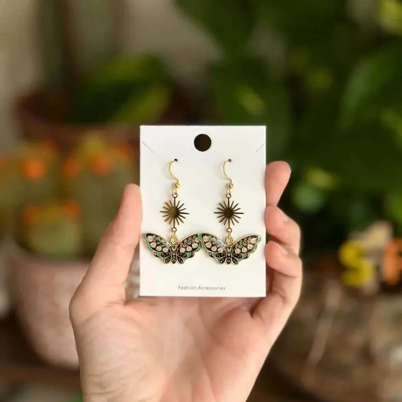 Boho Sun Moth Dangle Earrings for Women Vintage Ethnic Floral Pattern Black Green Enamel Butterfly Long Drop Earrings Jewelry