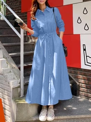 ZANZEA Women Elegant Long Sleeve Work Sundress 2025 Spring Denim Blue Dress Casual Lapel Neck Holiday Vestidos Maxi Robe Kaftan