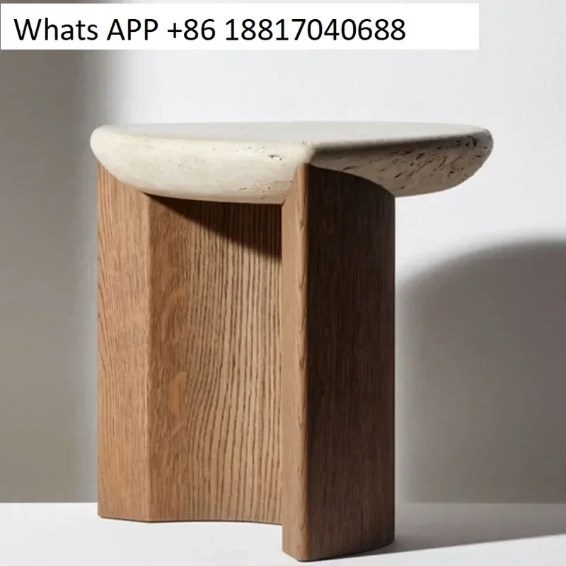 Cream wind sofa irregular round natural stone travertine small coffee table solid wood table 50X50X H50cm