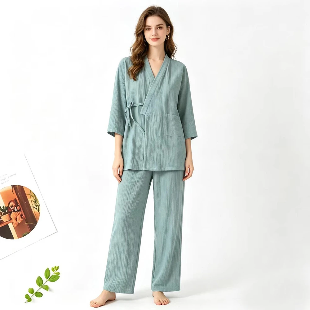 

Women 100% Cotton Pajamas Loose Bathrobes V-neck Kimono Pijama Mujer Men's Three Quarter Sleepwear Couples Loungewear