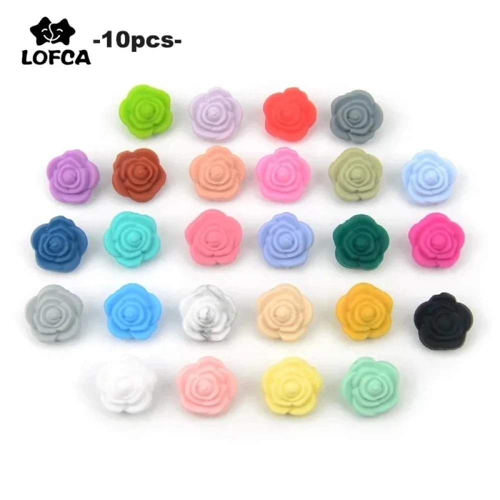 LOFCA 10pcs Double Face Silicone Flower Beads Rose Teething Charm Teether Baby Chewing HOT sale Necklace Soft Chewable Gift Toy