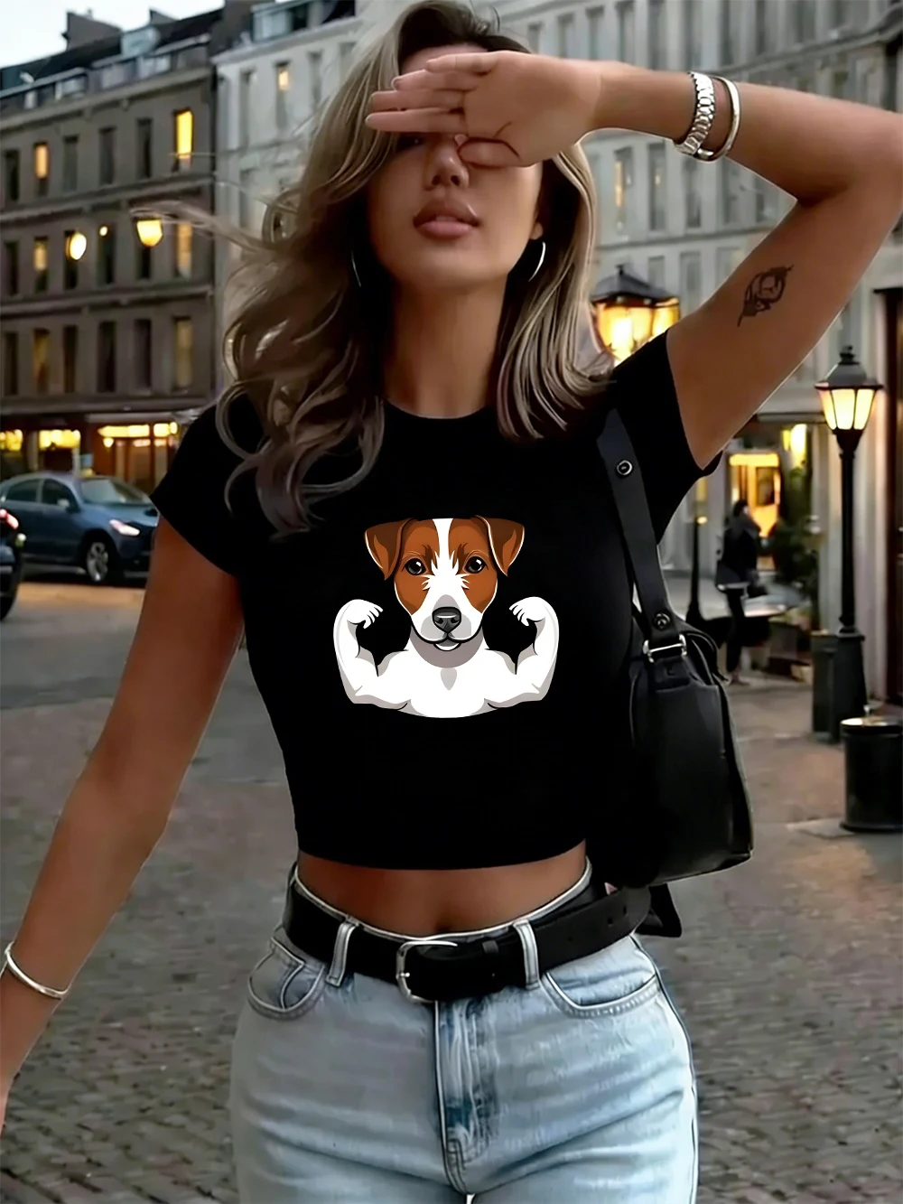 Russell Terrier Welpen Gedruckt Frauen Crop T-Shirts Sommer Oansatz Weiche Tops Straße Dünnes Streetwear Sportliche Hohe Elastische Kleidung