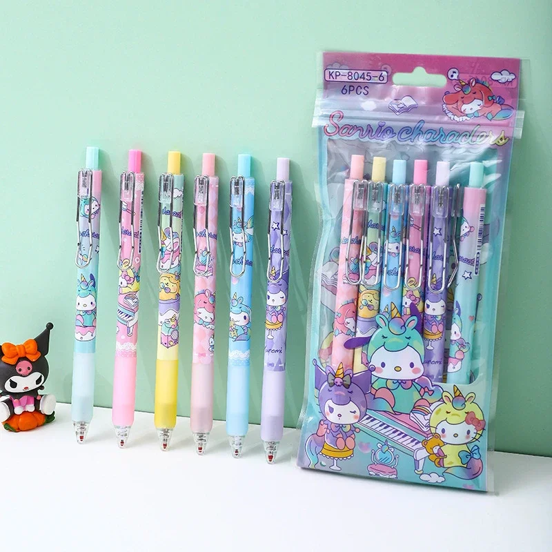 

6Pcs Sanrio Hello Kitty Gel Pen Cute Cartoon Cinnamoroll Kuromi Pressing The Pen Office School Supplies Girl&Child Holiday Gifts