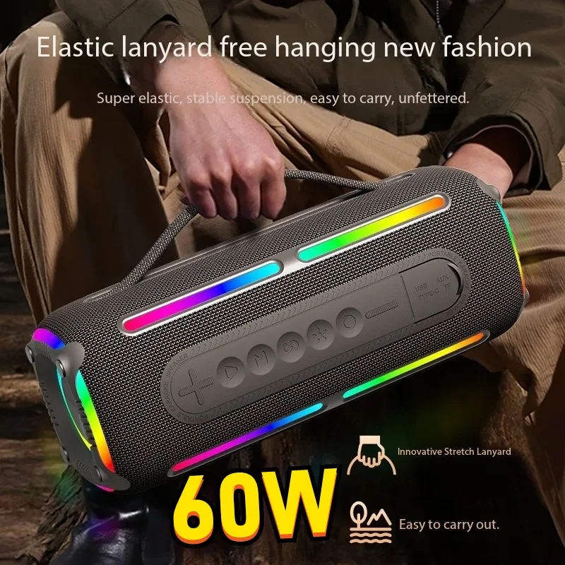 60W Portable RGB Colorful Light Bluetooth Speakers TWS Series Subwoofer Outdoor Camping Waterproof Column Wireless Card Boombox