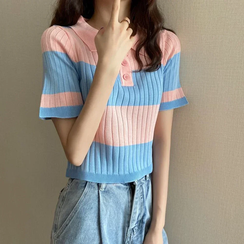 

Вязаный топ с короткими рукавами и узлом на пуговицах для женщин, повседневный однотонный однотонный, подходит для всех сезонов