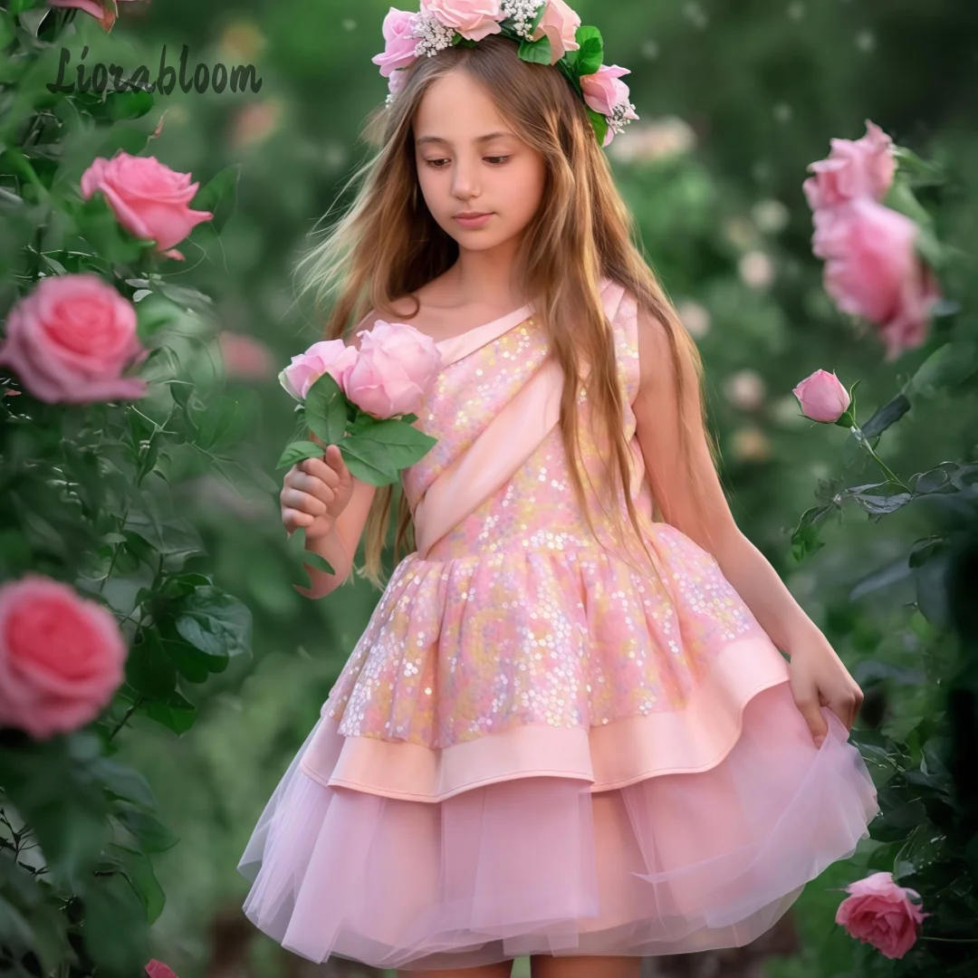 Custom Pink Printed Flower Girl Dress Tulle Princess Gown One-Shoulder Dress Wedding Party Attire свадебное платье