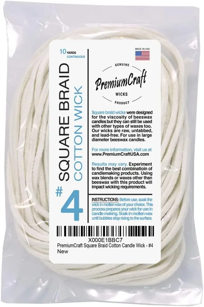 

Premium #4 Square Braid Cotton Candle Wick, 10 Yards, Lead-Free, USA Made