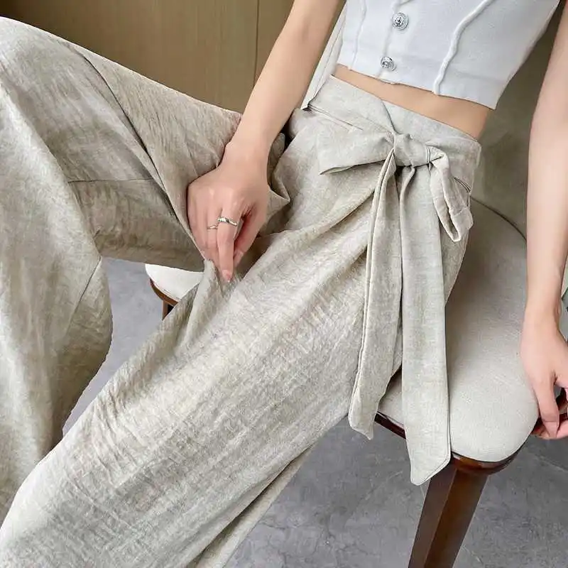 Summer 2024 New Ice Silk Linen High Waisted Bandage Button Solid Wide Leg Trousers Women\'s Fashion Loose Straight Casual Pants