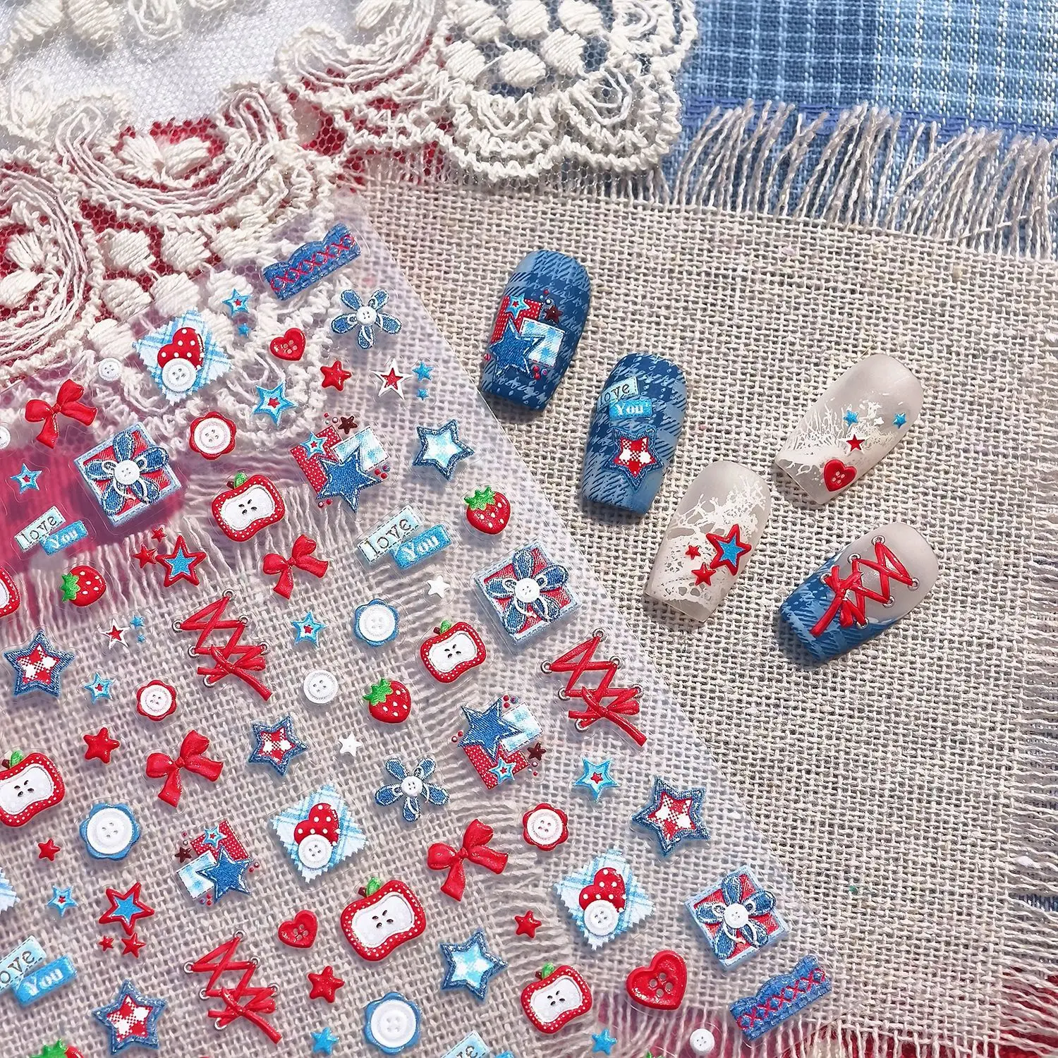 3D Denim Fabric Nail Stickers Sweet Cool Style Embossed Jeans Texture Non Toxic Kid Friendly Waterproof Easy Apply for Party