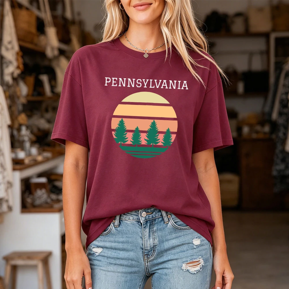 Pennsylvania Sunset Pine Tree State Print T Shirt Women Maroon Crew Neck Short Sleeve Tee Top Retro Nature Landscape Graphic Top