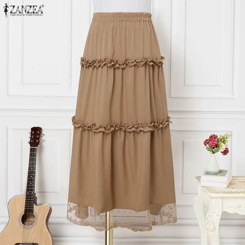 2026 ZANZEA レディース レース マキシスカート ファッション 夏 エラスティックウエスト ジュープ ファルダス サイヤ ハイウエスト フリル ソリッド カジュアル ルーズ ボトムス