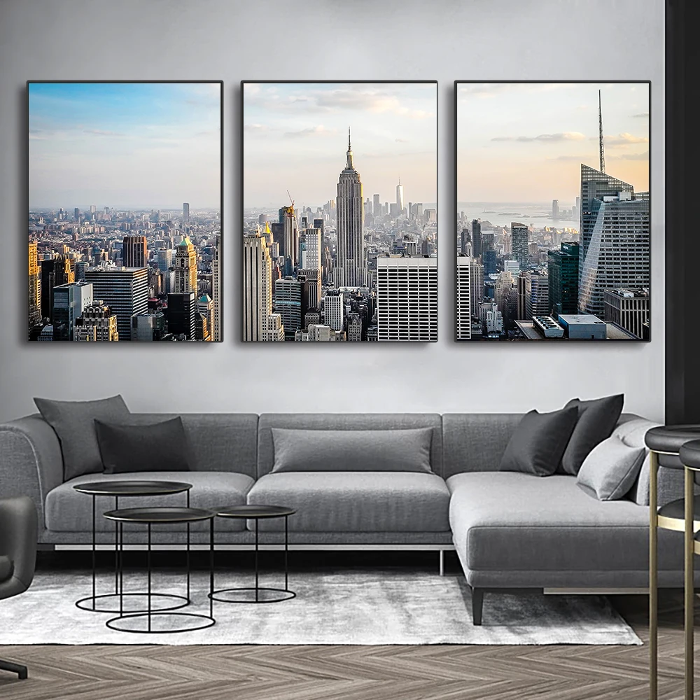 

NYC Residential Skyscraper Set of 3 Prints Poster Canvas Painting Wall Art City Landscape Picture for Living Room House Decor