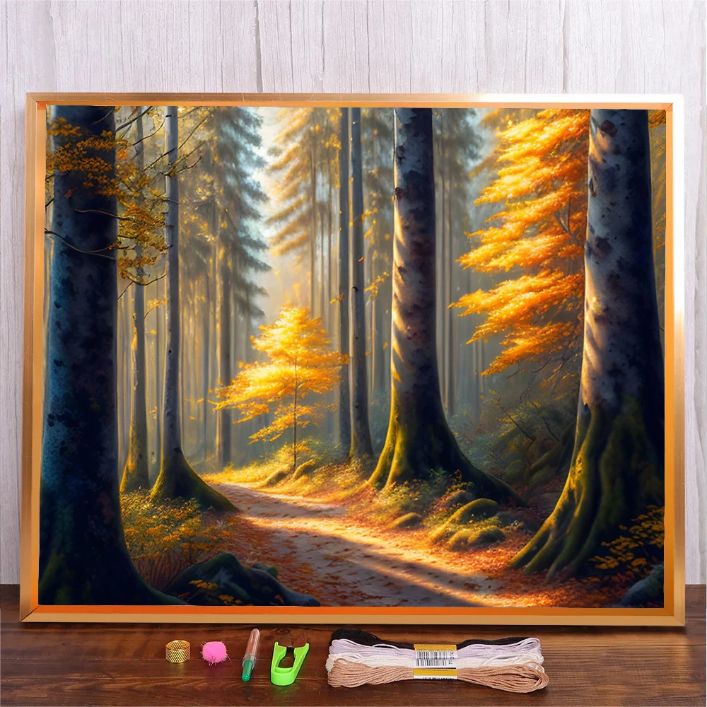 Cross Stitch With Autumn Forest Scenery DIY Kit 11CT Cloth Landscape Pattern Embroidery Printed Fabric Set Handicraft Gift