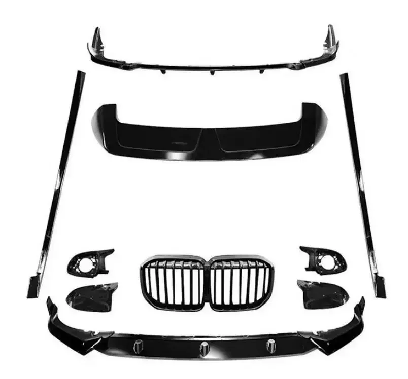 Front Bumper Lip + Grills +Rear Spoiler + Trunk Diffuser + Side Body Skirt For BMW X7 G07 2020 2021 2022 2023 ABS Glossy Black