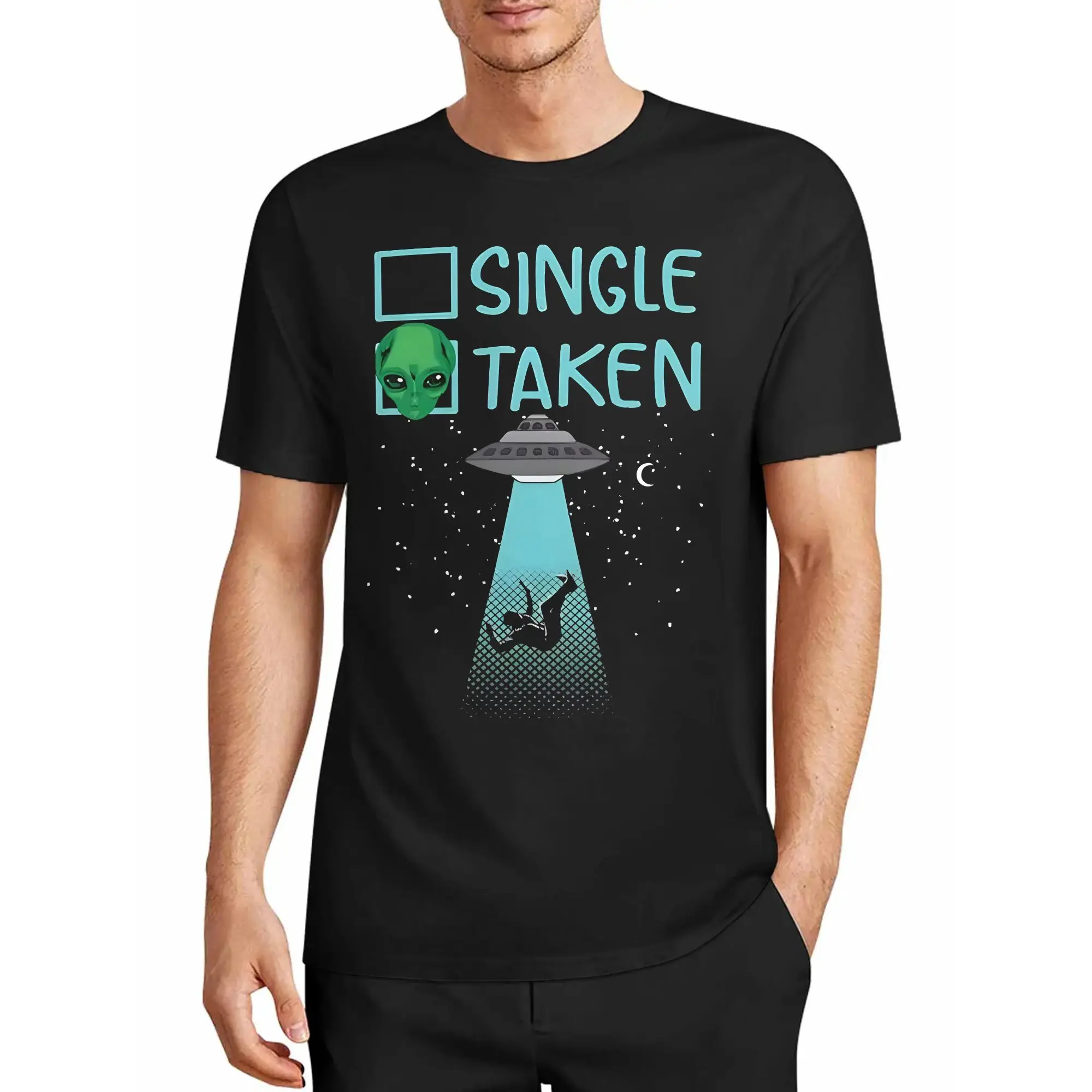Single and Aligned with the Aliens Ufo Abduction Funny Print T-Shirt Sci-Fi Fan Humorous Loose-Fit Short-Sleeve Top
