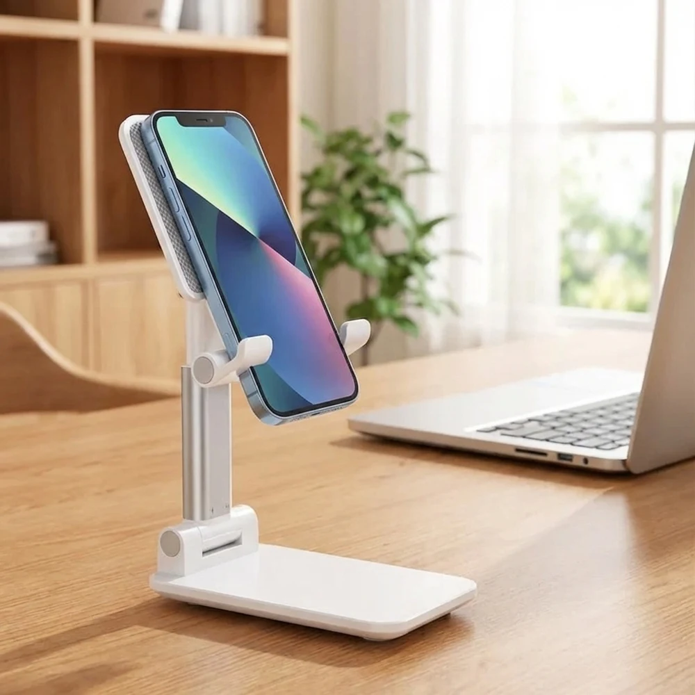 

Folding Portable Adjustable Phone & Tablet Stand Pearl White Weight Bracket Universal Desktop Holder for Live Streaming, Video C