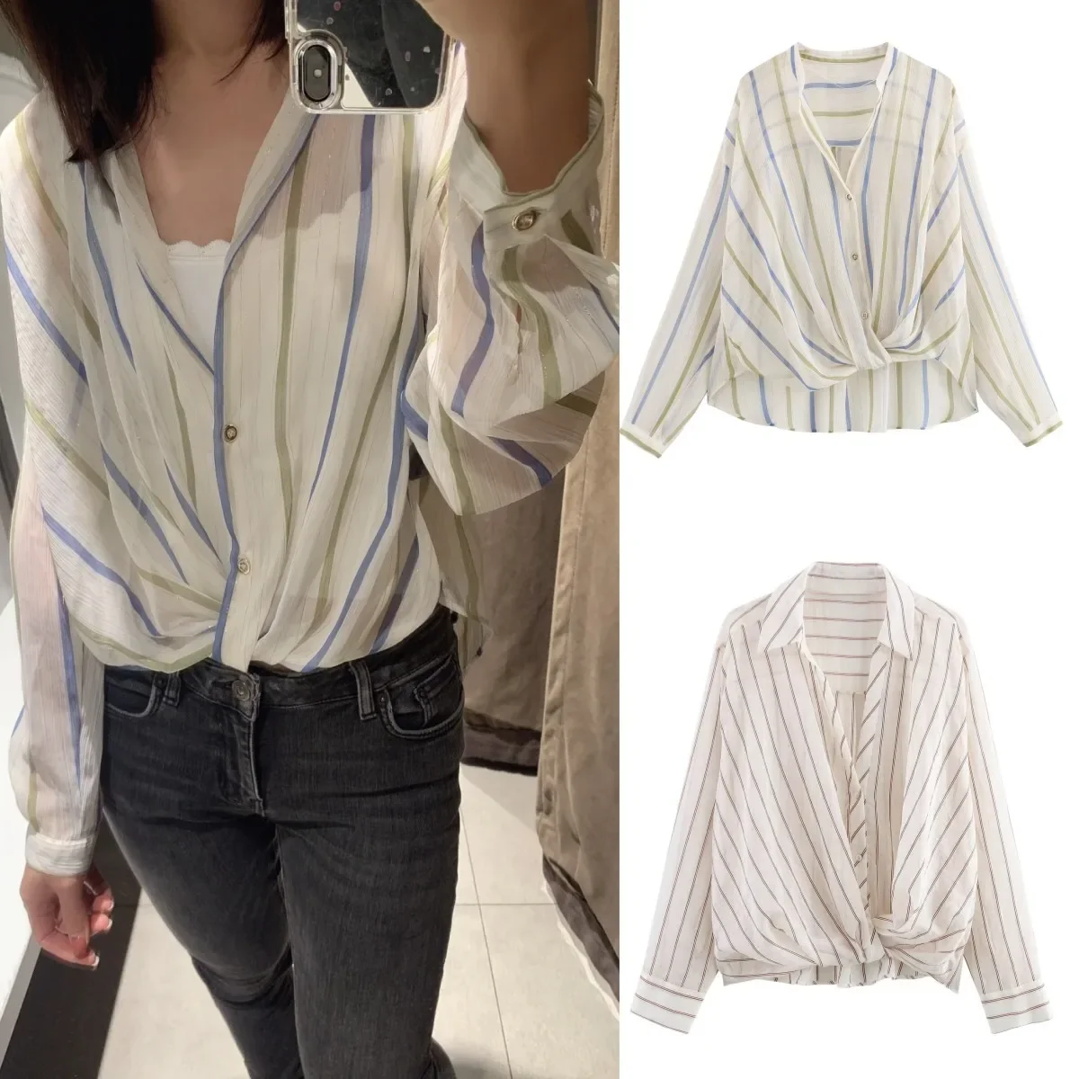 

Pop Summer New Women's Elegant Sexy Semi-transparent Knot Striped Long Sleeve Lapel V-neck Shirt