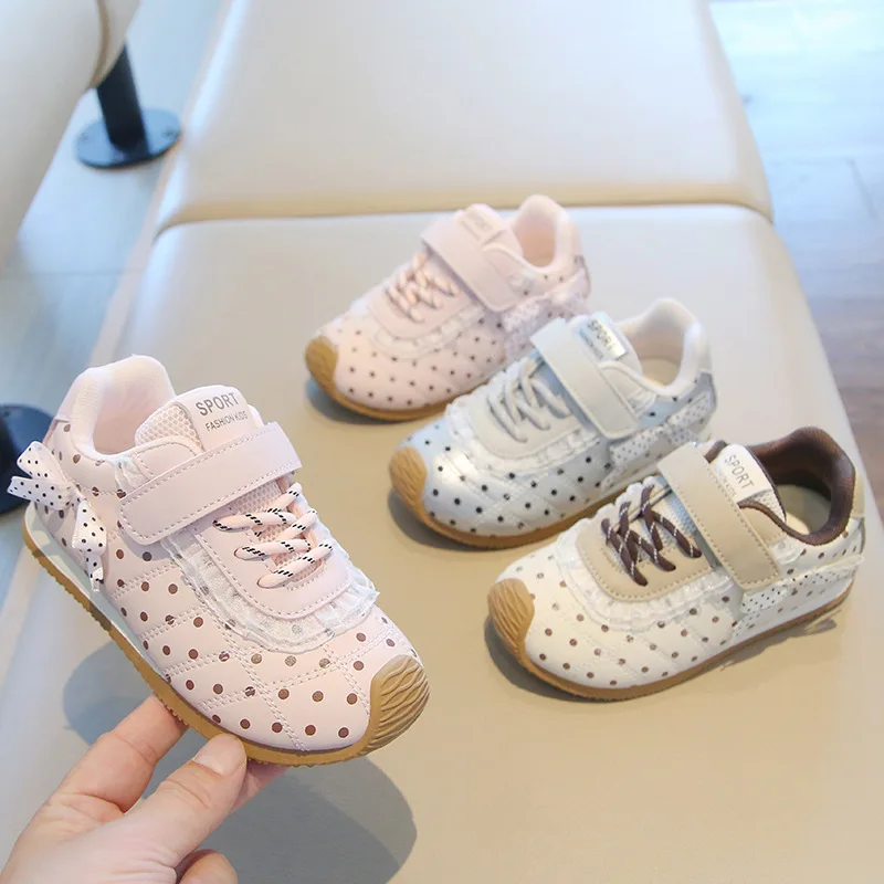 Soft-sole Polka Dot Running Shoes Girl Spring Autumn Breathable Sports Shoes Children Kids Lightweight Non-slip Cute Casual Shoe