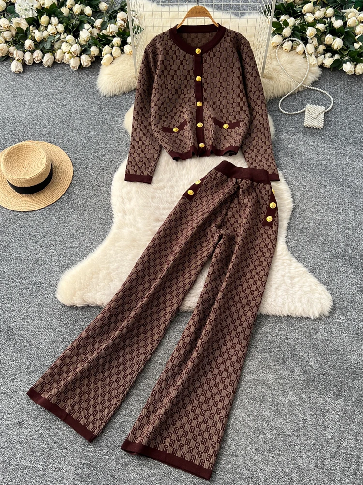 

Faionable High Waist Knitted Long Sve round Ne Top And Wide Leg Pants Two Piece Set Ele Metal Bule Casual Wear