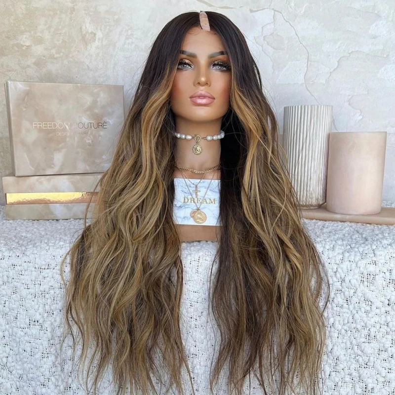 

Black Root Ombre Chestnut Blonde Brown V Part Wig 100% Human Hair Glueless Body Wave U Shape Wig Full Machine Made 250% Density