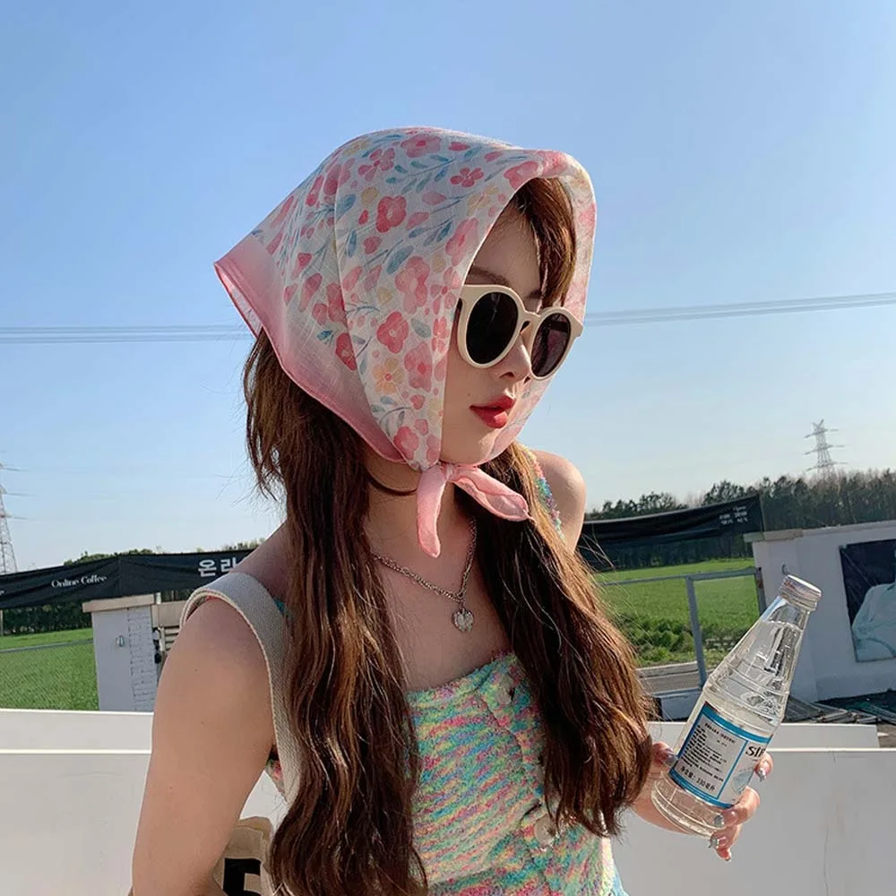 

Breathable Spring Silk Scarf Cotton Sweat-absorption Flower Printed Headscarf Light Colorful Square Hijab Scarf Bag Accessories