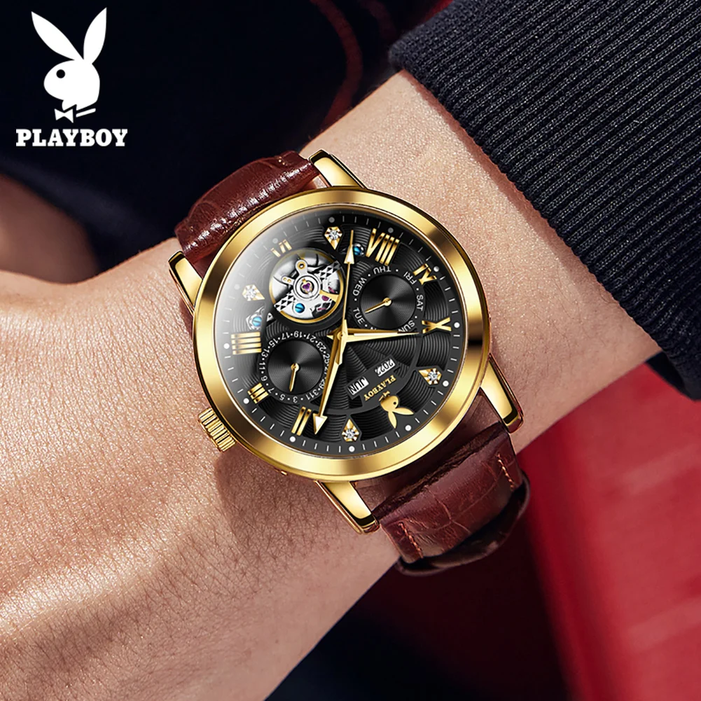 PLAYBOY Mens Watches Automatic Mechanical Watch Tourbillon Sport Clock Leather Casual Business Fashion Wristwatch Relojes Hombre