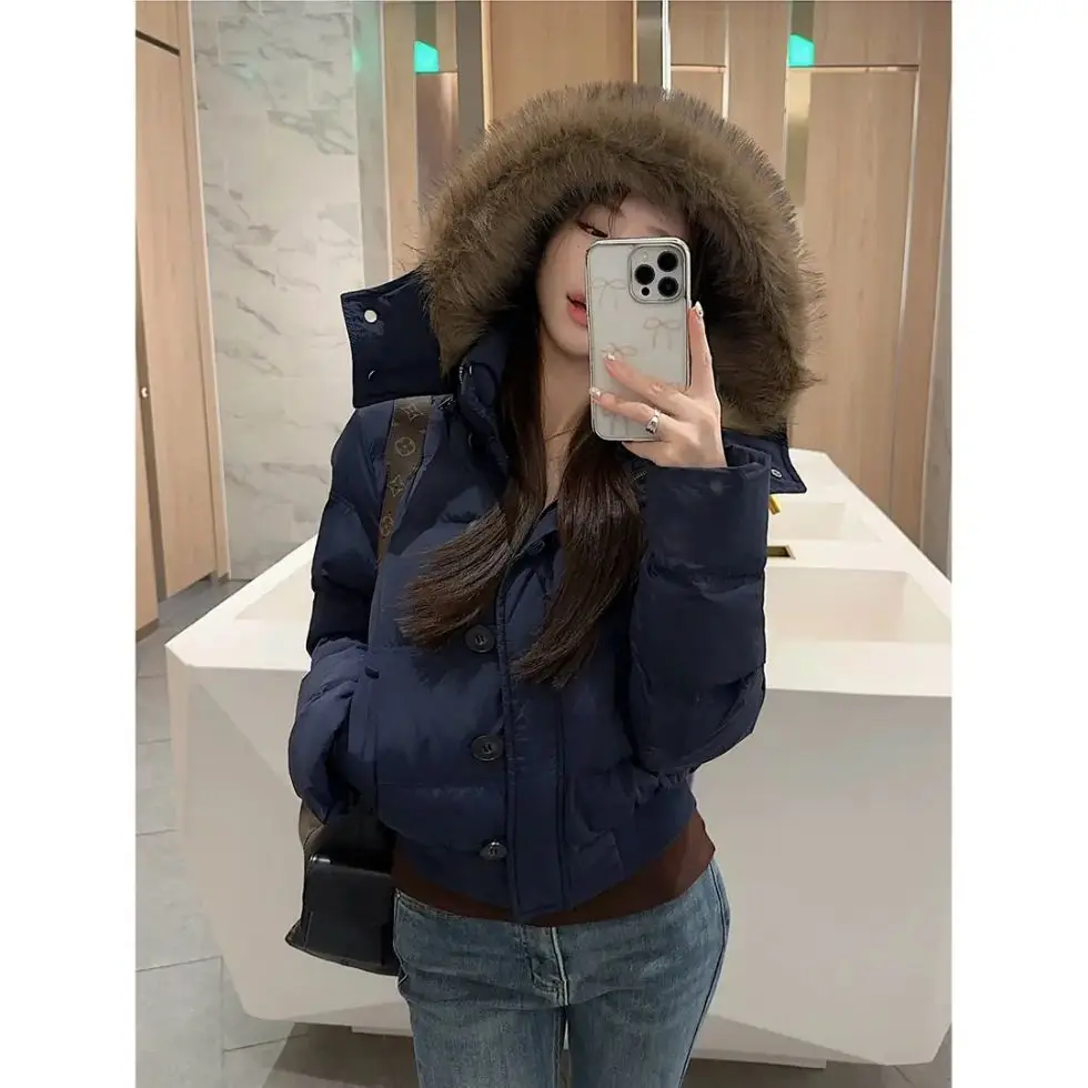 

Warm American Sle ort Cotton Jaet with Fur Collar And Hood in Royal Blue for Women Winter Faion Casual Outerwear