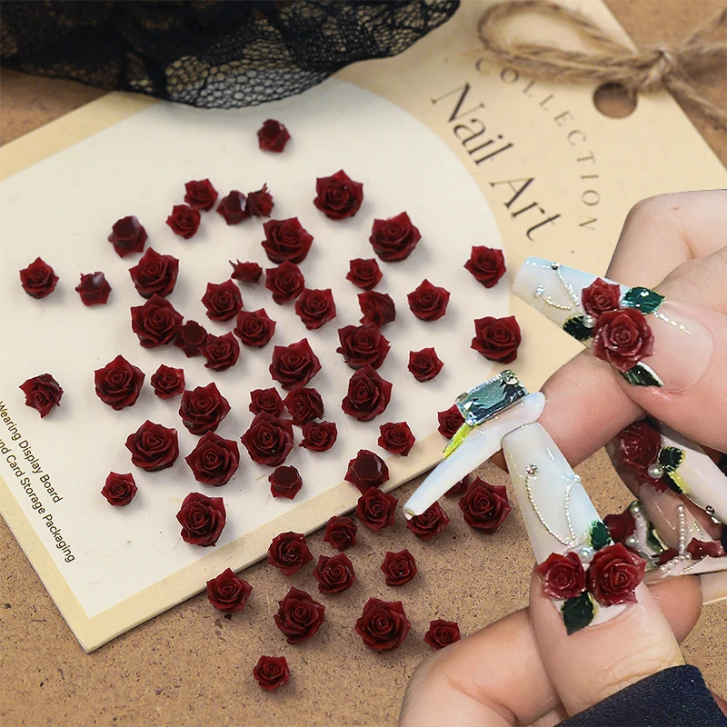 50 ชิ้น 3D Rose ดอกไม้ตกแต่งเล็บขนาดผสมเรซิ่นดอกไม้สีแดง Bowknot เล็บ Charms เล็บตกแต่งเล็บ